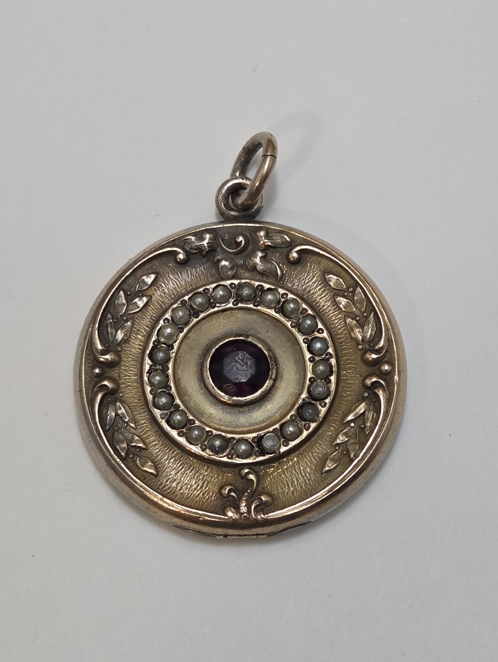 Antique Art Nouveau W&H Gold Filled Repousse Locket Amethyst Glass & Seed Pearls